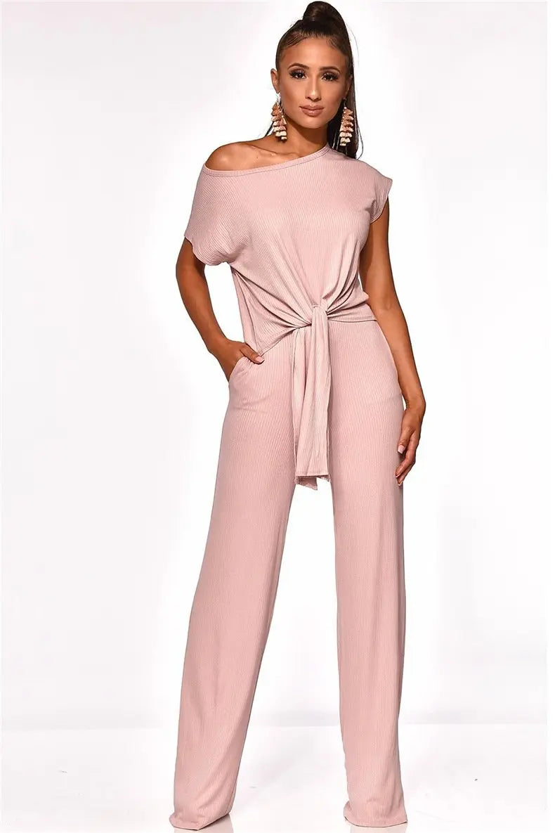 Women's Two Piece Knot Front Tops And Wide Leg Pants Outfit