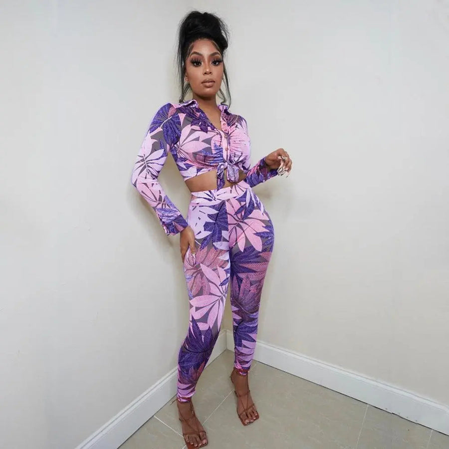 Women's Two Piece Leaves Print Crop Tube Top And Pants Set