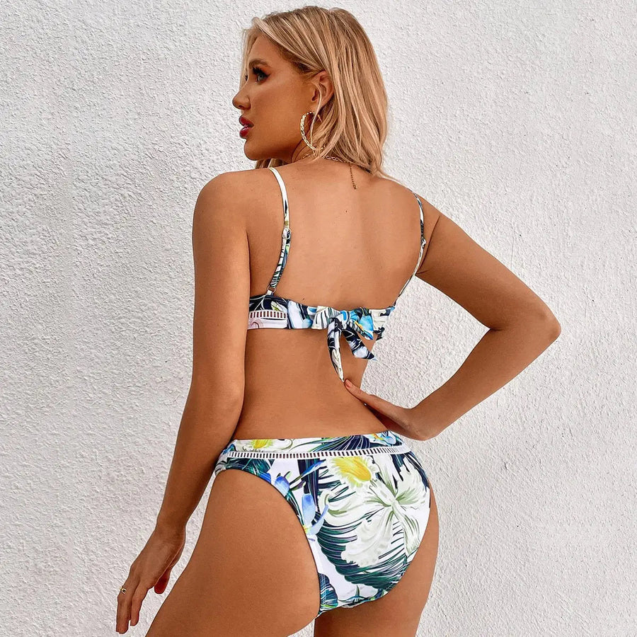 Women's Two Piece Leaves Print Surplice High Cut Bikini Swimsuit