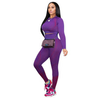 Women's Two Piece Long Sleeve Crop Top And Tummy Control Leggings Set