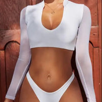 Women's Two Piece Notch Neck Long Sleeve High Cut Bikini Swimsuit