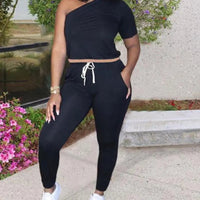 Women's Two Piece One Shoulder Crop Top And Jogger Pants Outfit