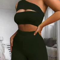 Women's Two Piece One Shoulder Crop Top And Yoga Shorts Sport Set