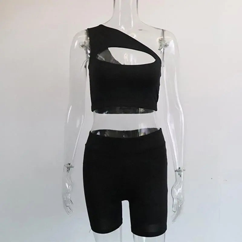 Women's Two Piece One Shoulder Crop Top And Yoga Shorts Sport Set