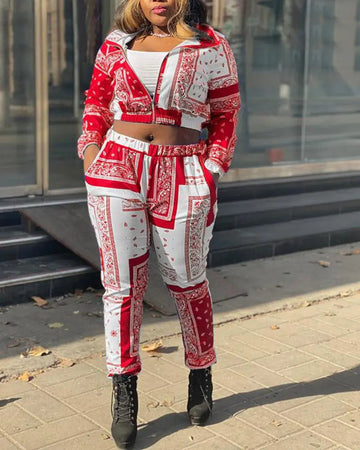 Women's Two Piece Paisley Print Crop Jacket And Pants Outfit