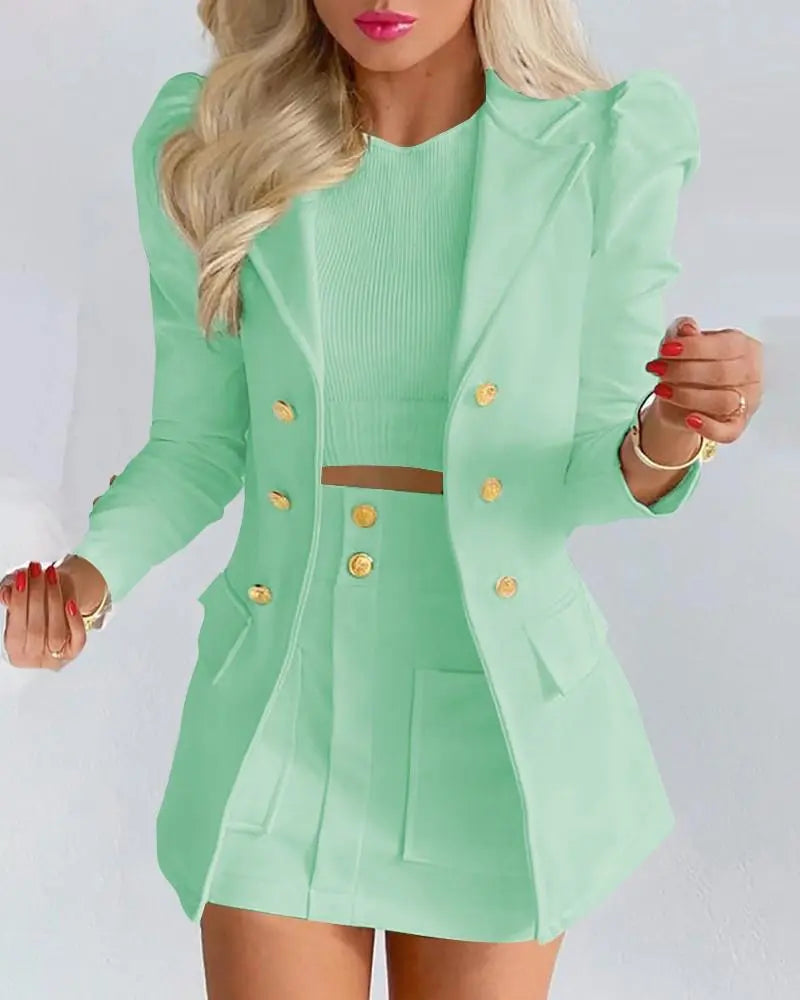 Women's Two Piece Puff Sleeve Blazer And Mini Skirts Outfit