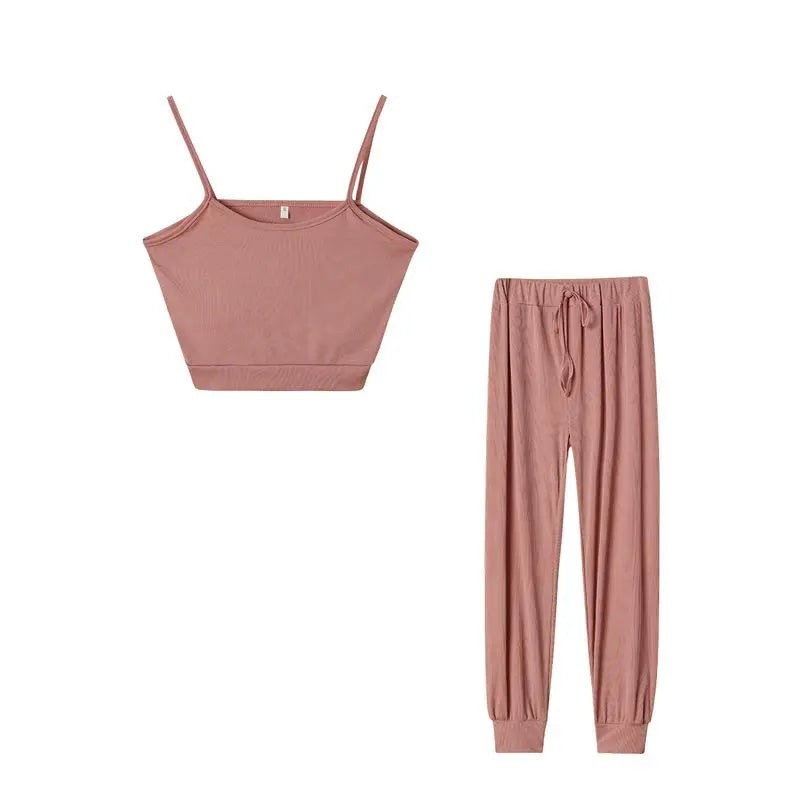 Women's Two Piece Ribbed Knit Crop Camisole And Pants Lounge Set