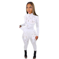 Women's Two Piece Ripped Mock Neck Tops And Skinny Pants Set