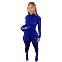 Women's Two Piece Ripped Mock Neck Tops And Skinny Pants Set