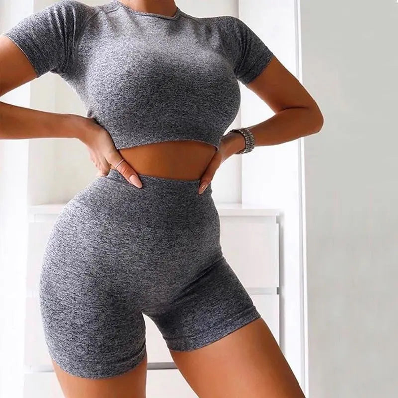 Women's Two Piece Short Sleeve Crop Top And Yoga Shorts Set