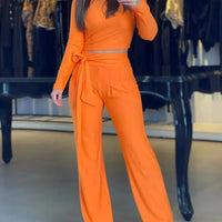 Women's Two Piece Solid Crop Top And Belted Pants Outfit