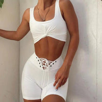 Women's Two Piece Tank Crop Top And Lace Up Yoga Shorts Workout Outfit