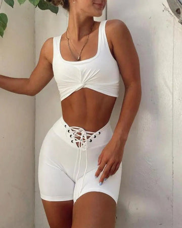 Women's Two Piece Tank Crop Top And Lace Up Yoga Shorts Workout Outfit