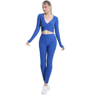 Women's Two Piece V Neck Crop Top And Tummy Control Leggings Set