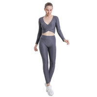 Women's Two Piece V Neck Crop Top And Tummy Control Leggings Set