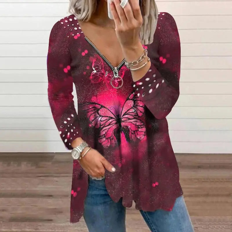 Women's V-Neck Long Sleeve Butterfly Print T-Shirt