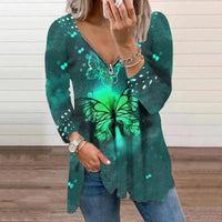 Women's V-Neck Long Sleeve Butterfly Print T-Shirt
