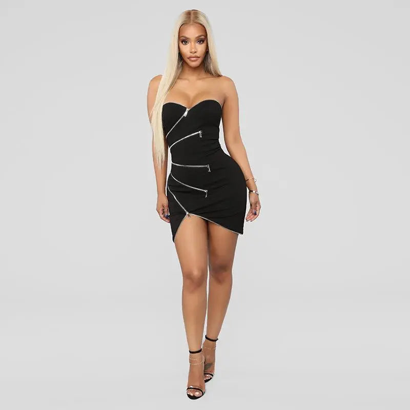 Women's Zipper Design Solid Strapless Bodycon Party Mini Dresses