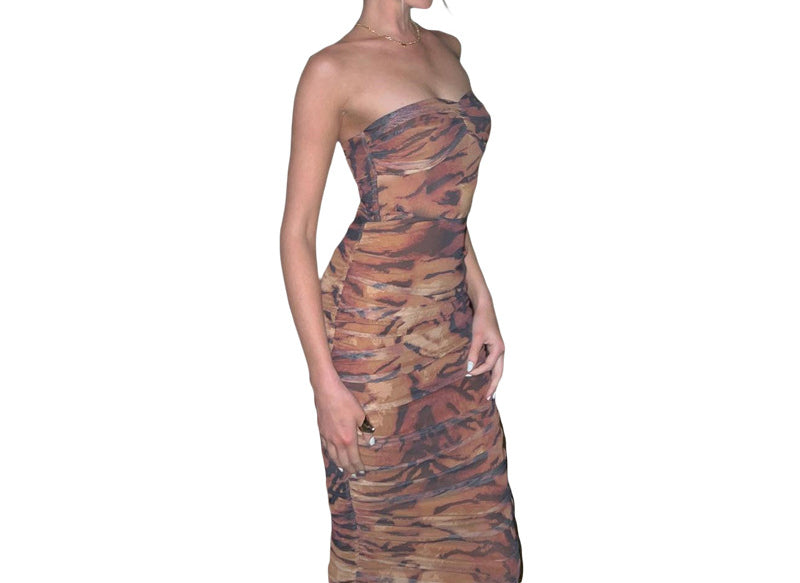 Women's Tiger Print Ruched Sleeveless Dress