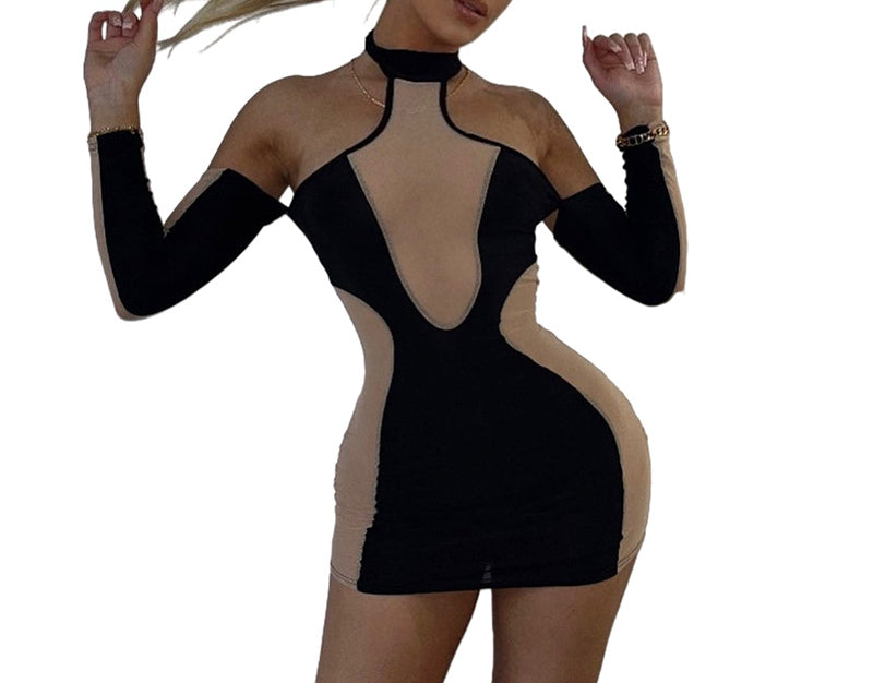 Women's Contrast Color See-through Mesh Long-sleeved Dress