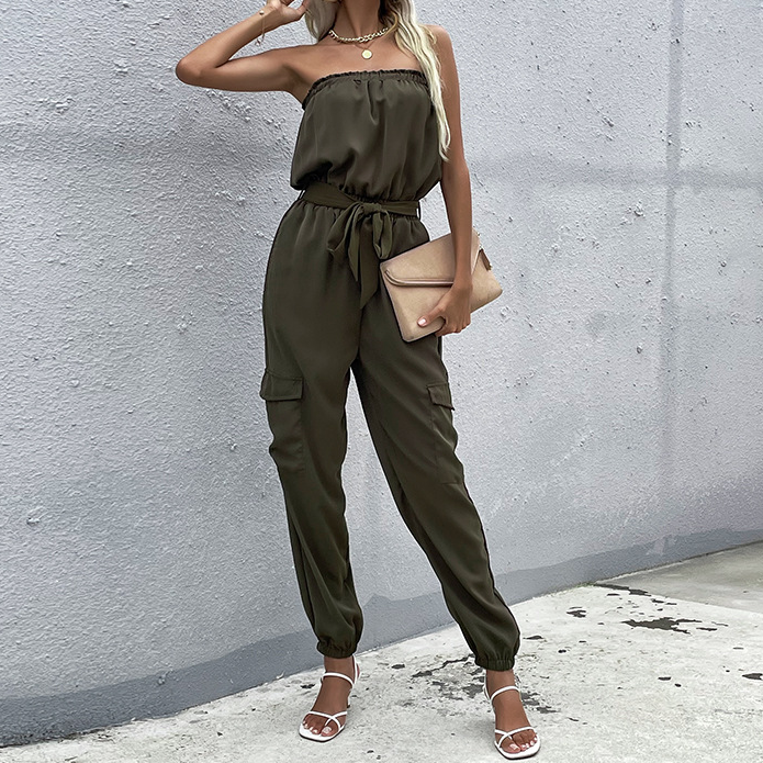 Women's Summer Green One-line Collar Straight Tube with Belt Jumpsuit
