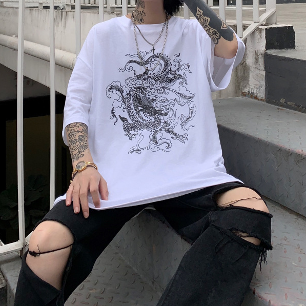 Women's Solid Dragon Short Sleeve Printed T-Shirt Top