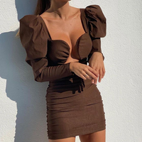 Women's Solid Color Hollow Out Pleated Long Sleeve Strapless Dress