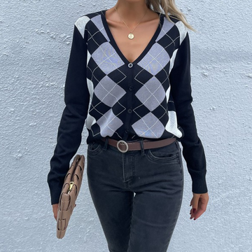 Women's Long Sleeved Diamond Check V-neck Cardigan Knitted Sweater Coat