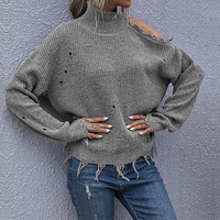 Women's Solid Color Loose Shoulder Hole Long Sleeve High Neck Knitted Sweater