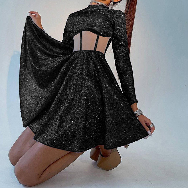 Women's Dress Solid Color Bright Silk Slim Slim Waist Long Sleeve Perspective Jumpsuit Skirt