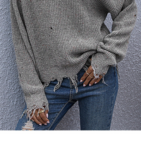Women's Solid Color Loose Shoulder Hole Long Sleeve High Neck Knitted Sweater