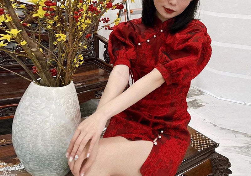 Women's Stand-up Collar Split Skinny Cheongsam Short-sleeved Dress